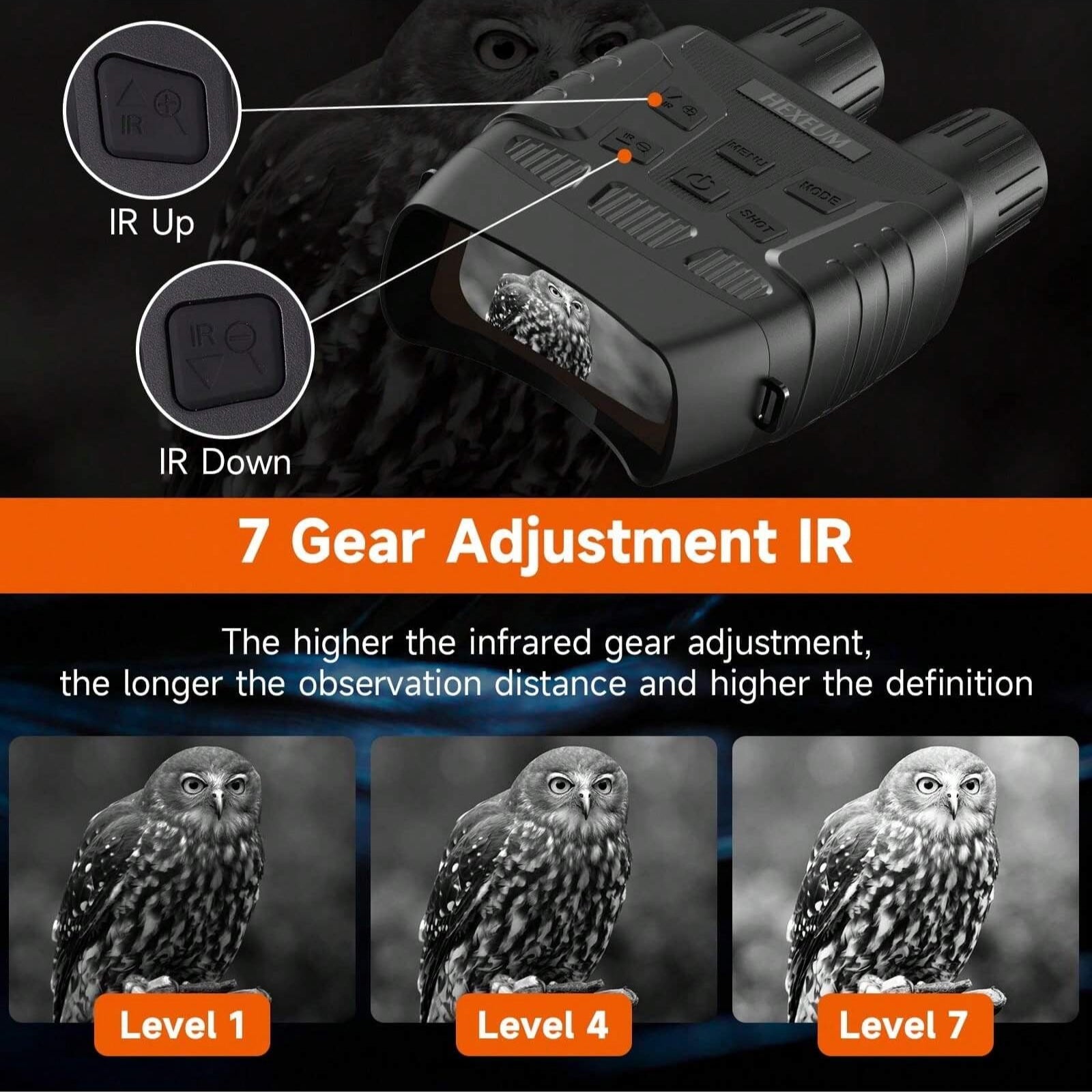 High-Performance Digital Night Vision Binoculars with 7 IR Levels, HD Image/Video, 1300FT Range, Manual Focus