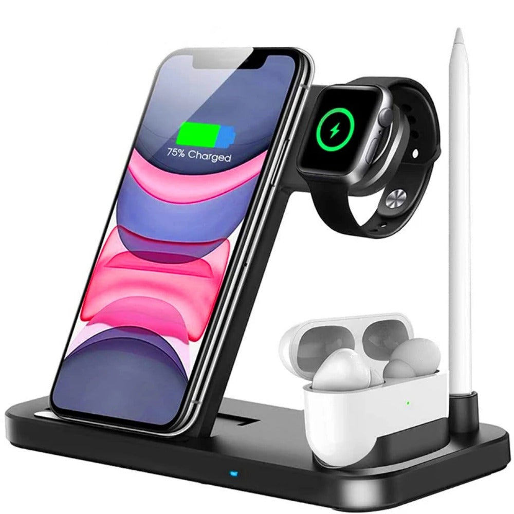 4-in-1 Wireless Charger with USB Cable, 15W Fast Charging for iPhone, Samsung, AirPods, Apple Watch - Anti-Slip Design
