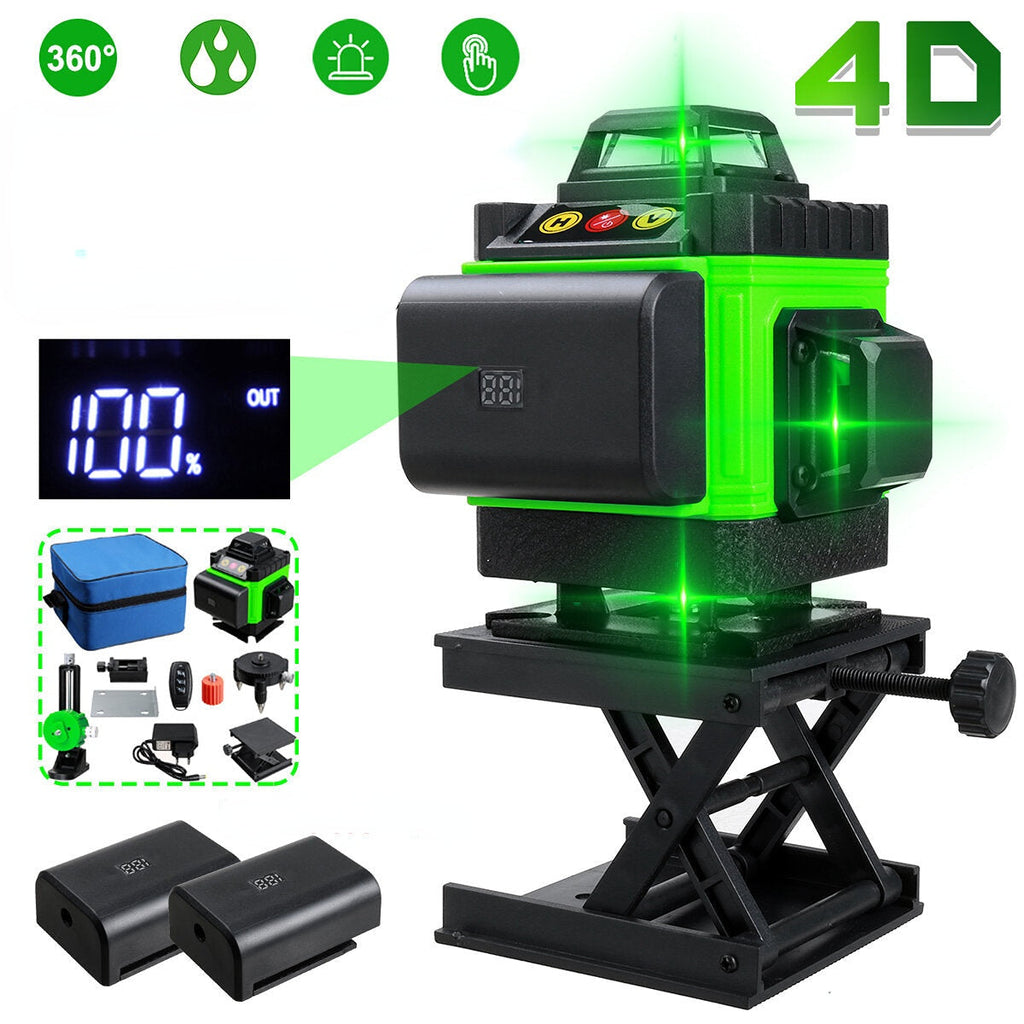 16 Lines 4D Laser Level, Green Laser Line, Self Leveling, Horizontal Lines &360 Degree Vertical Cross with 2xBattery for Outdoor