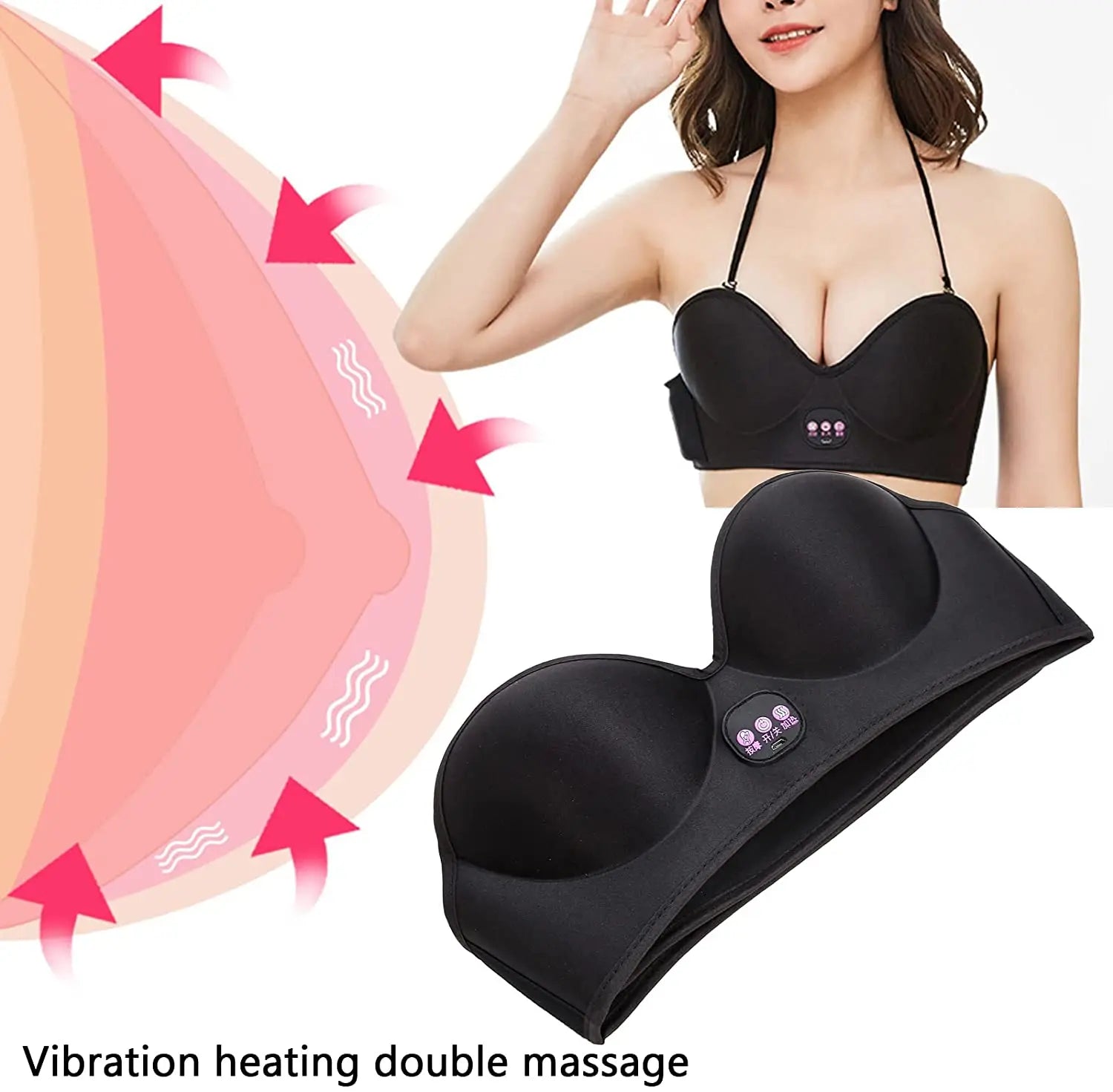 Vibration Breast Massager Bra - Adjustable, Wireless, Black, 12V, 15 Min Massage, Intelligent Temp Control, Comfortable Wear