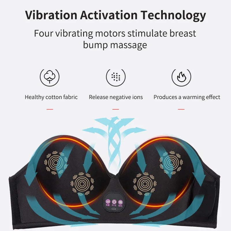 Vibration Breast Massager Bra - Adjustable, Wireless, Black, 12V, 15 Min Massage, Intelligent Temp Control, Comfortable Wear