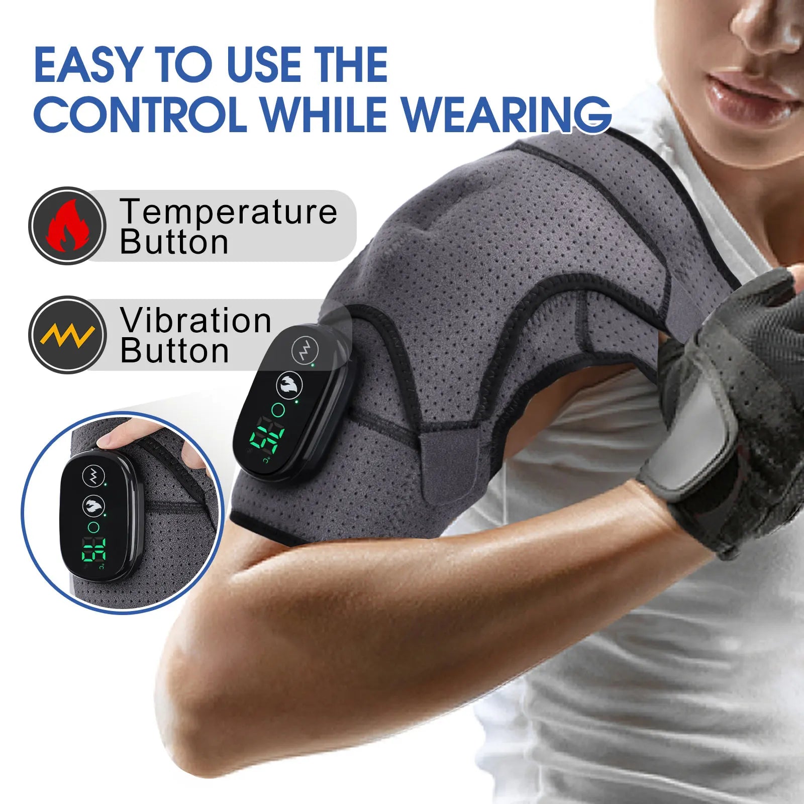 Heated Massage Shoulder Pad with 3 Temperature Settings, Vibration Modes, and Digital Controller - Black/Grey