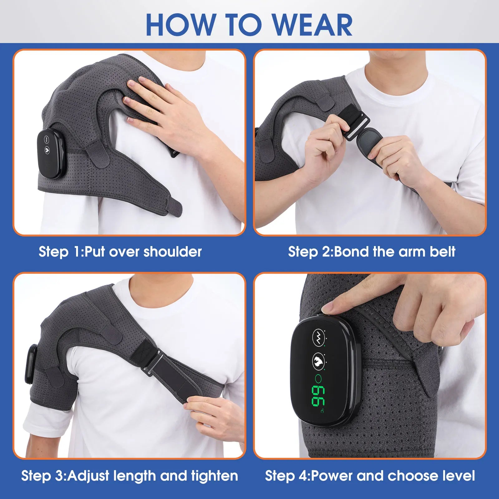 Heated Massage Shoulder Pad with 3 Temperature Settings, Vibration Modes, and Digital Controller - Black/Grey
