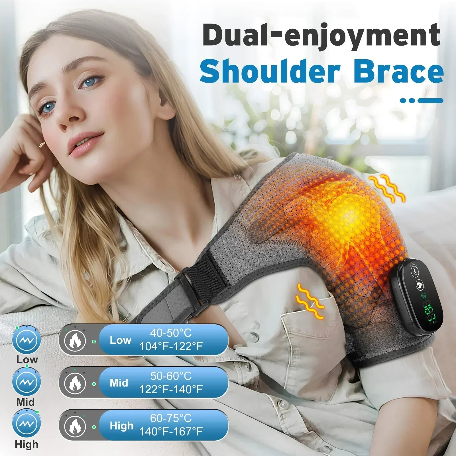 Heated Massage Shoulder Pad with 3 Temperature Settings, Vibration Modes, and Digital Controller - Black/Grey