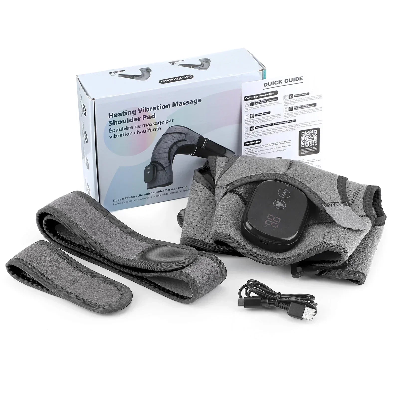 Heated Massage Shoulder Pad with 3 Temperature Settings, Vibration Modes, and Digital Controller - Black/Grey