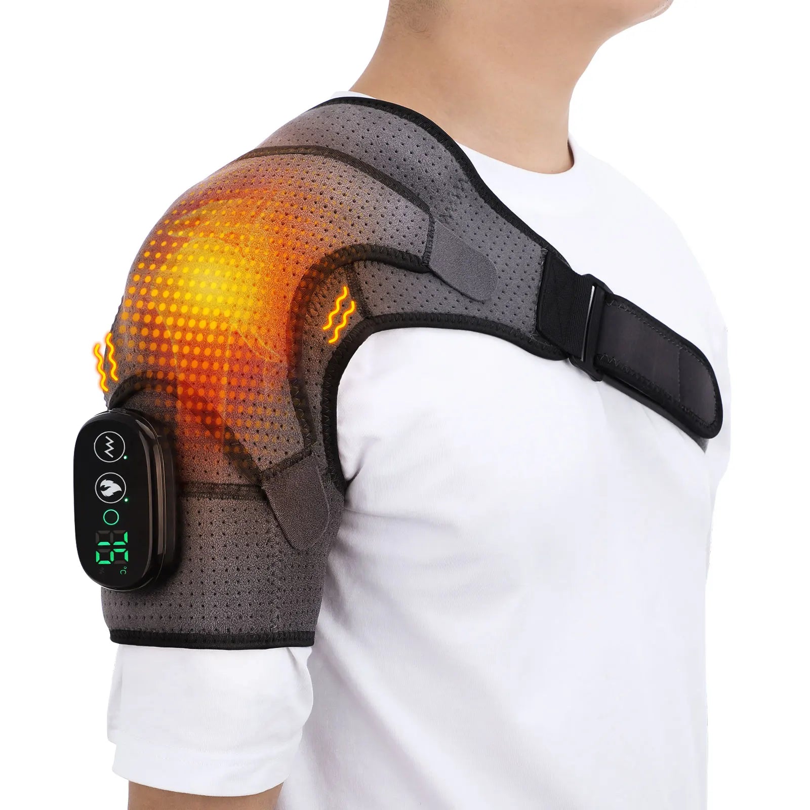Heated Massage Shoulder Pad with 3 Temperature Settings, Vibration Modes, and Digital Controller - Black/Grey