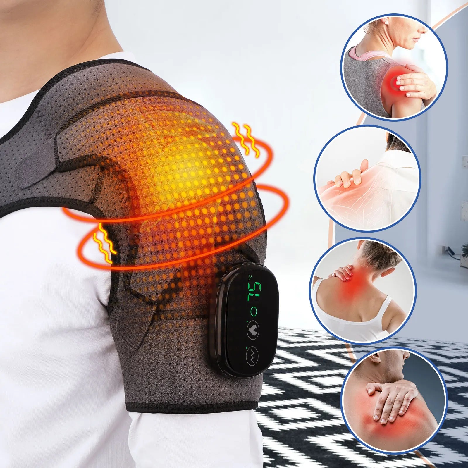 Heated Massage Shoulder Pad with 3 Temperature Settings, Vibration Modes, and Digital Controller - Black/Grey