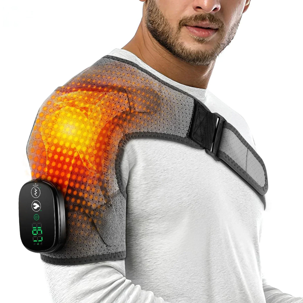 Heated Massage Shoulder Pad with 3 Temperature Settings, Vibration Modes, and Digital Controller - Black/Grey