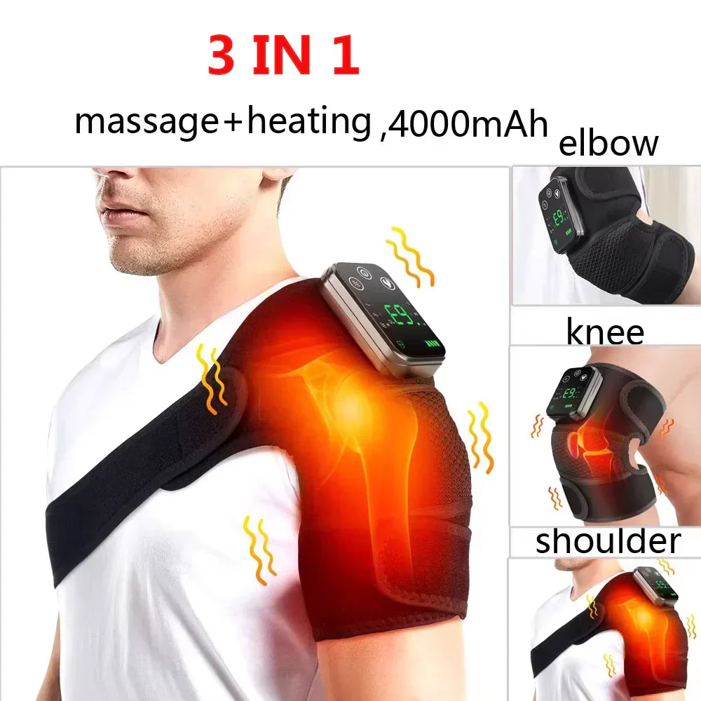 Heated Shoulder Steamer Brace - 3-in-1 Massage & Heat Therapy, Adjustable Straps, 5000mAh Battery, Grey/Black