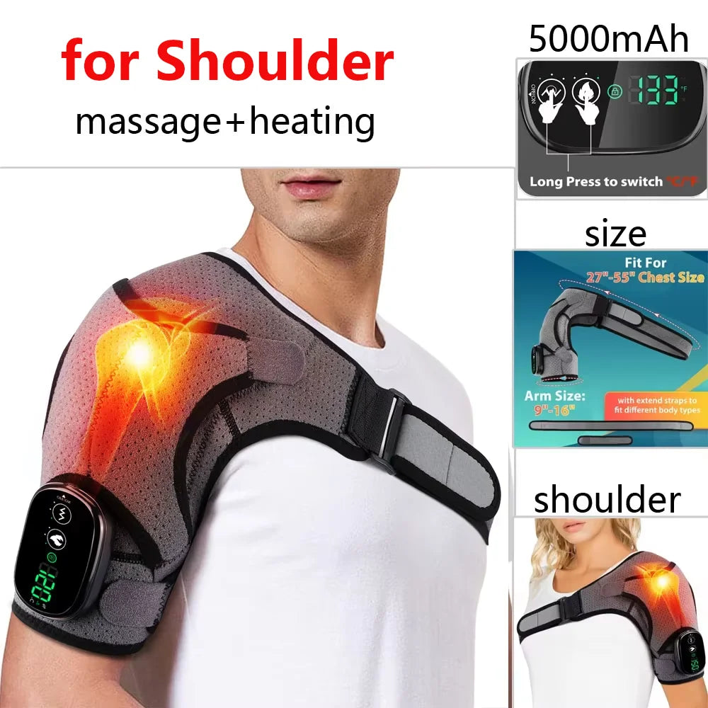 Heated Shoulder Steamer Brace - 3-in-1 Massage & Heat Therapy, Adjustable Straps, 5000mAh Battery, Grey/Black