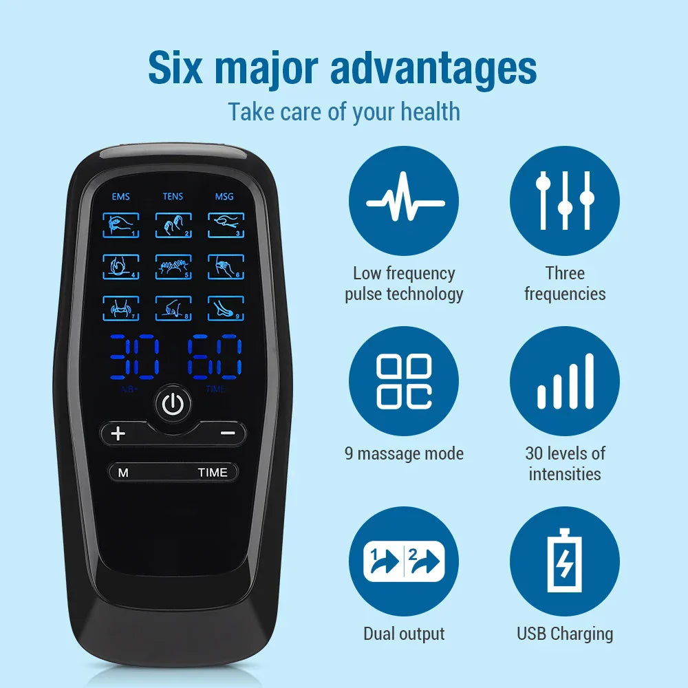 TENS EMS Massage Device with 9 Modes, Dual Output, 30 Intensity Levels, Rechargeable, for Pain Relief & Muscle Recovery