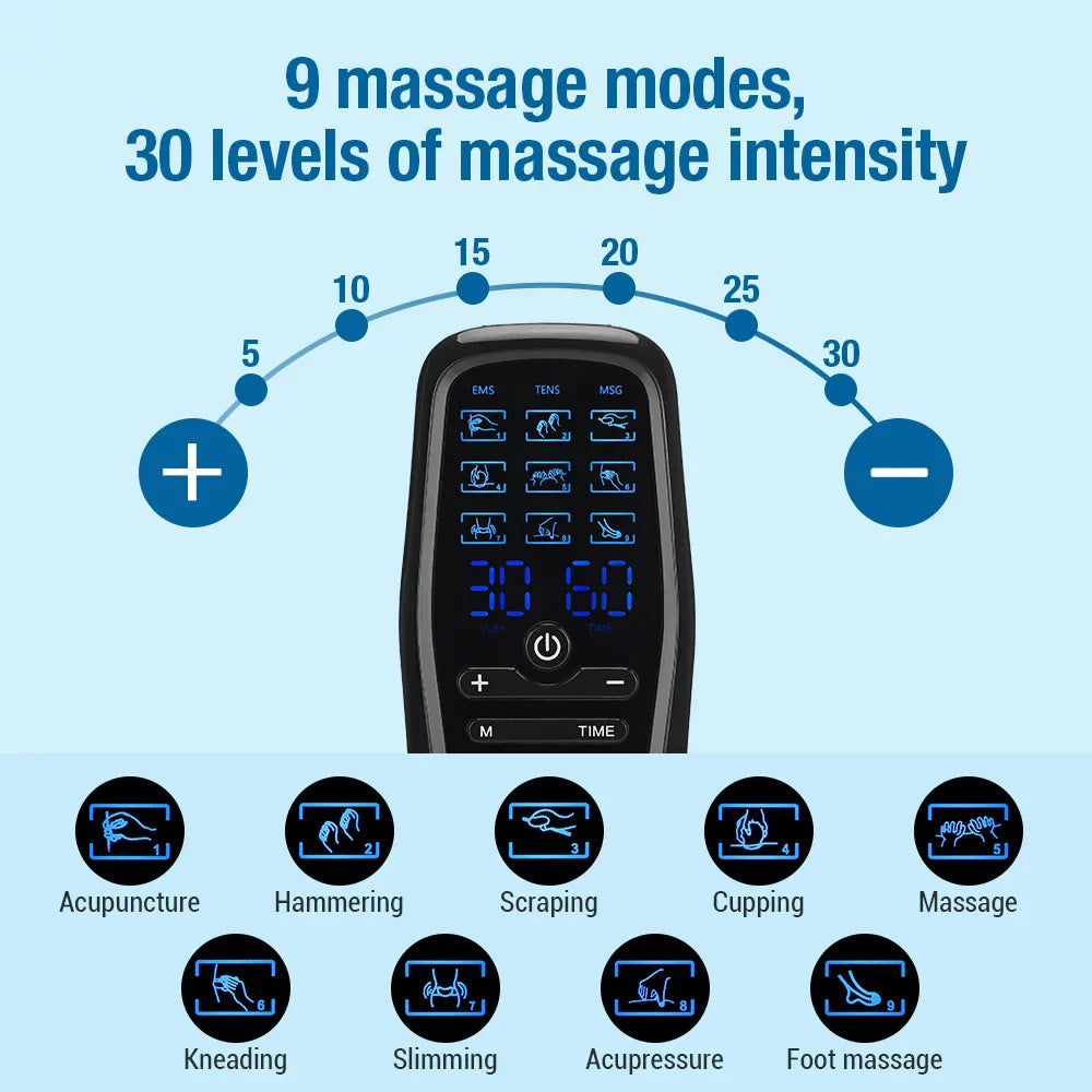 TENS EMS Massage Device with 9 Modes, Dual Output, 30 Intensity Levels, Rechargeable, for Pain Relief & Muscle Recovery