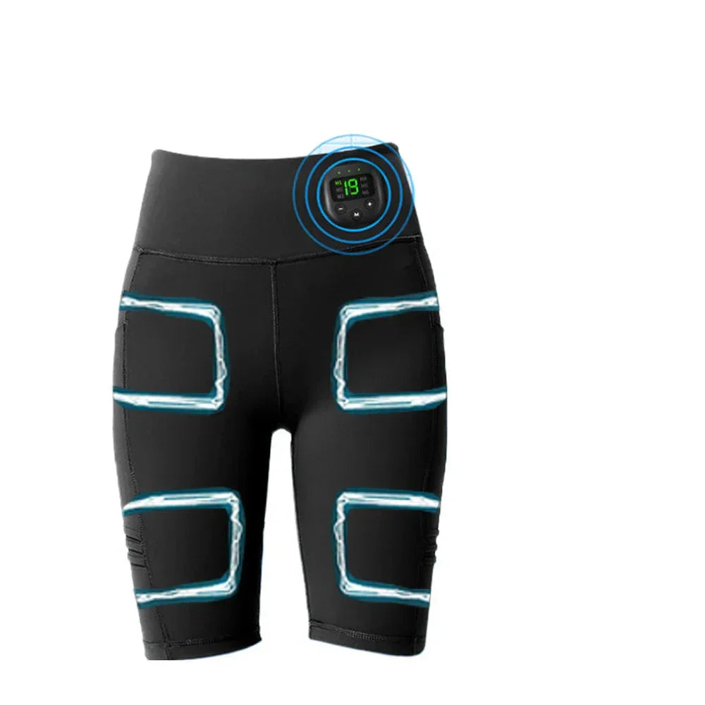 EMS Muscle Stimulation Massage Pants - Slimming Yoga Shorts with USB Charging, 6 Modes, Breathable Fabric, Black