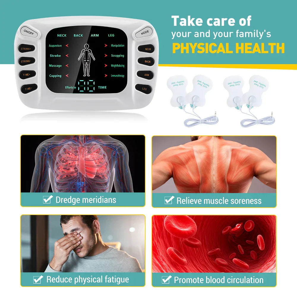 Dual Output EMS Machine - 8 Pads Muscle Stimulator for Neck, Back & Full Body Massage, 15 Intensity Levels, Easy to Use