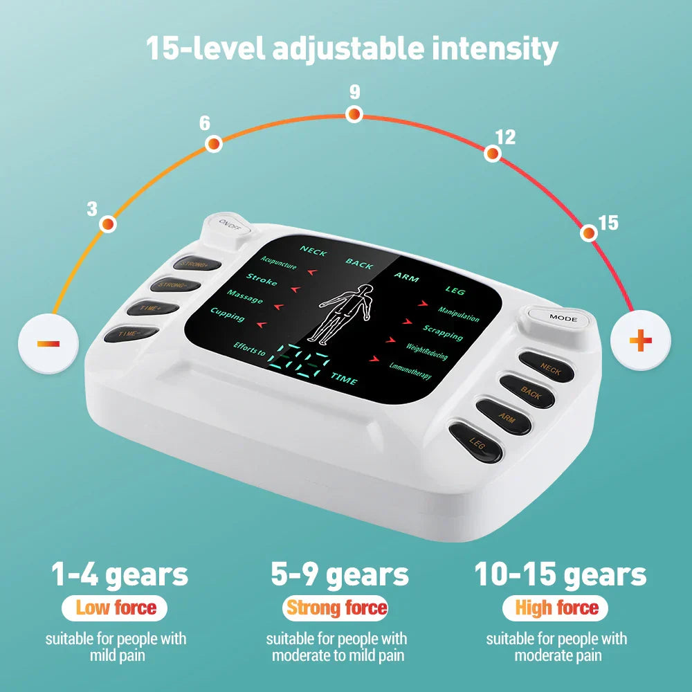Dual Output EMS Machine - 8 Pads Muscle Stimulator for Neck, Back & Full Body Massage, 15 Intensity Levels, Easy to Use
