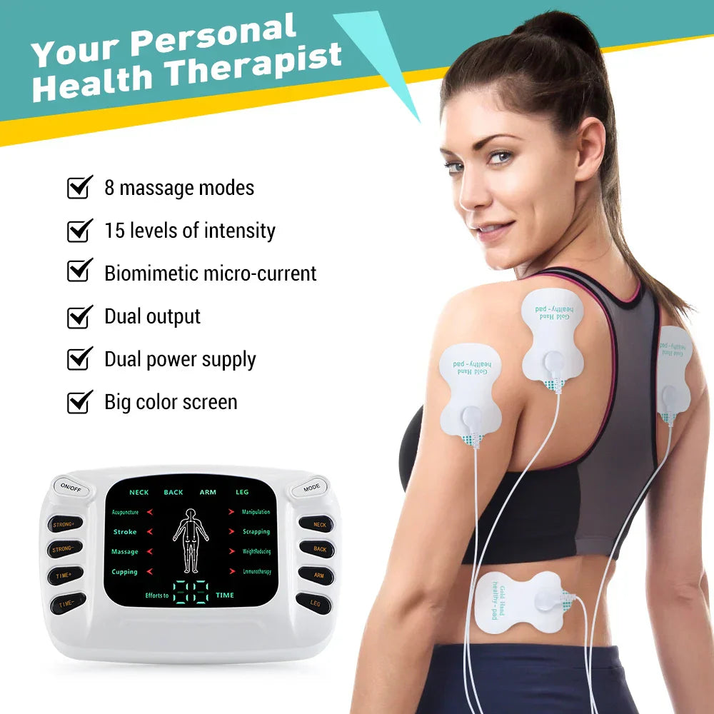 Dual Output EMS Machine - 8 Pads Muscle Stimulator for Neck, Back & Full Body Massage, 15 Intensity Levels, Easy to Use