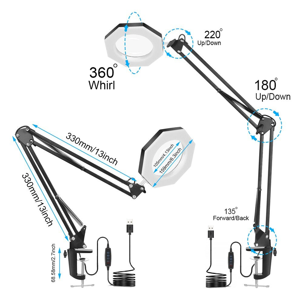 USB 5X Folding Magnifier Table Clamp Soldering Third Hand Tool 3 Colors LED Illuminated Lamp Magnifying Glass