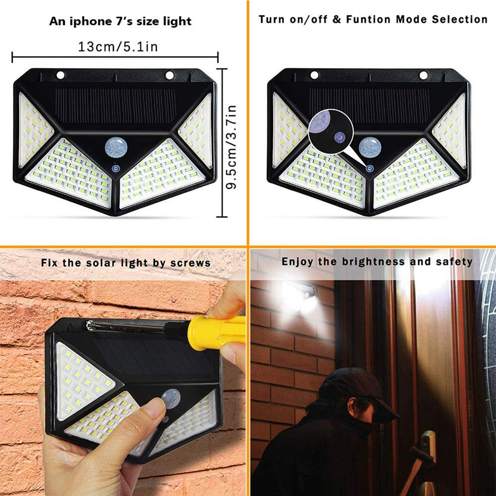 3pcs 100 LED Solar Powered PIR Motion Sensor Wall Light Outdoor Garden Lamp 3 Modes