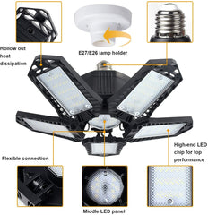 LED Garage Light E26/E27 Deformable Ceiling Light  Warehouse Lighting Bulb with 5 Adjustable Panels