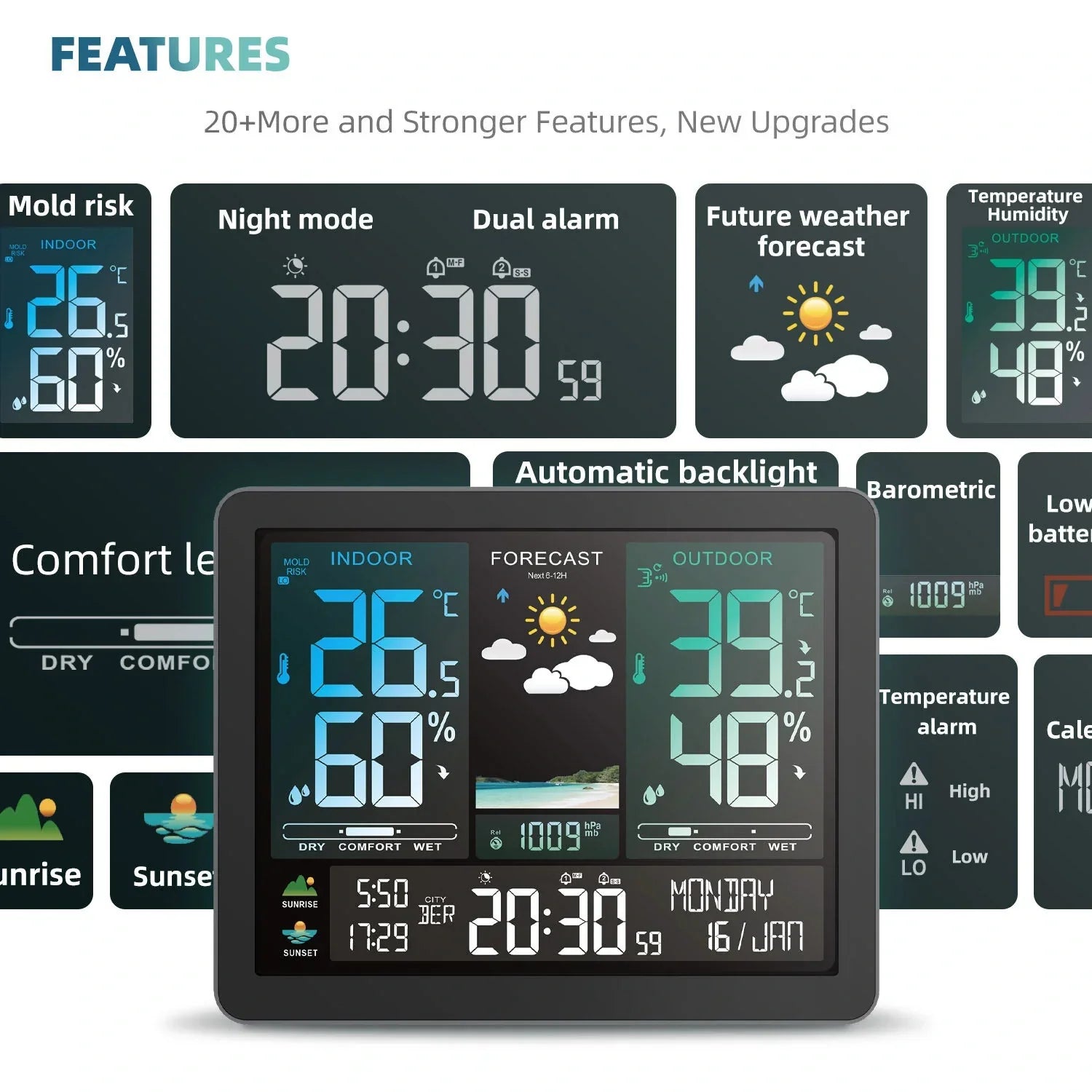 Weather Station Alarm Clock Wireless Indoor Outdoor Thermometer with Atomic Clock Forecast Station with Calendar and Adjustable Backlight
