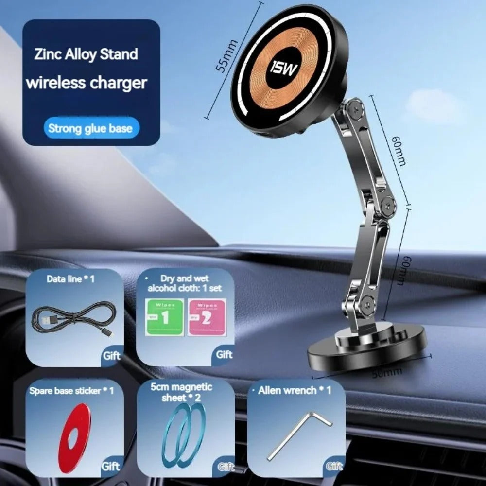 15W Magnetic Car Wireless Charger with USB Cable, 360° Rotation for iPhone 14/13/12/11 Pro Max & Samsung