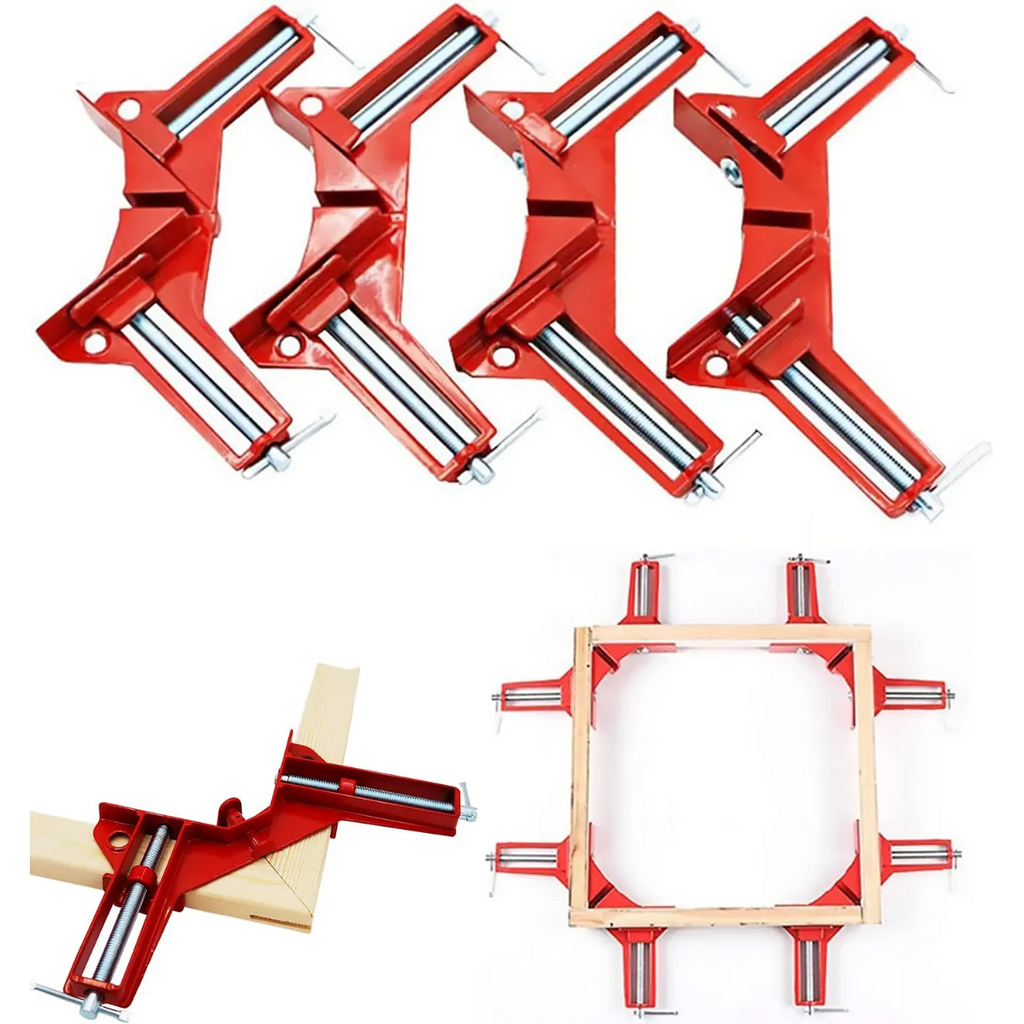 Reinforced 90-Degree Right Angle Clamp Set - 4 Red Aluminum Clamps for Woodworking, Glass, and DIY Projects