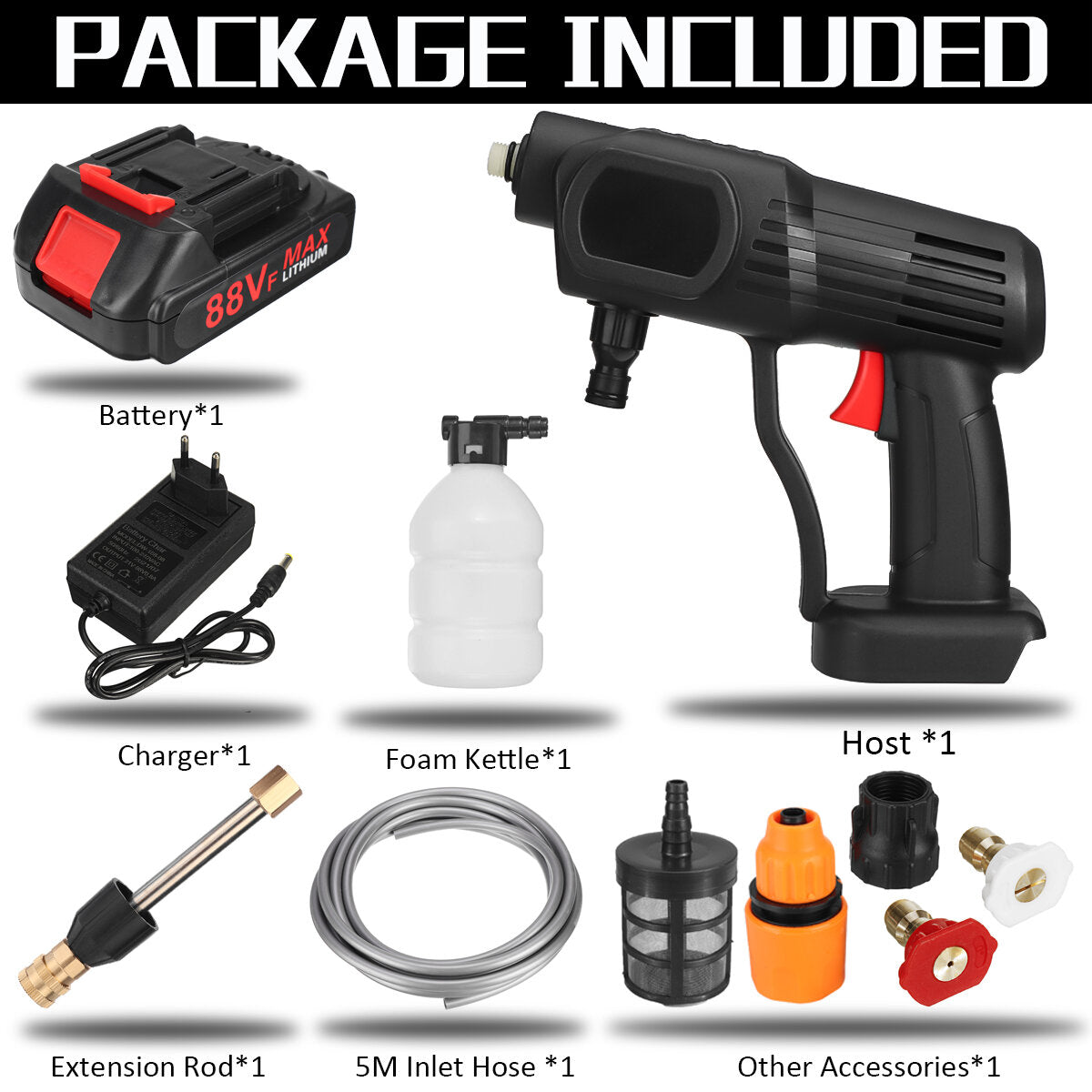 1500W 60Bar High Pressure Cordless Car Washer Spray Guns Water Cleaner 88VF Battery