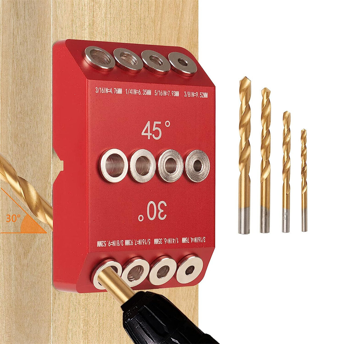 Aluminum Drill Guide for Cable Railing - 30°, 45°, 90° Angles, Multi-size Holes, Includes Titanium Drill Bits, Portable