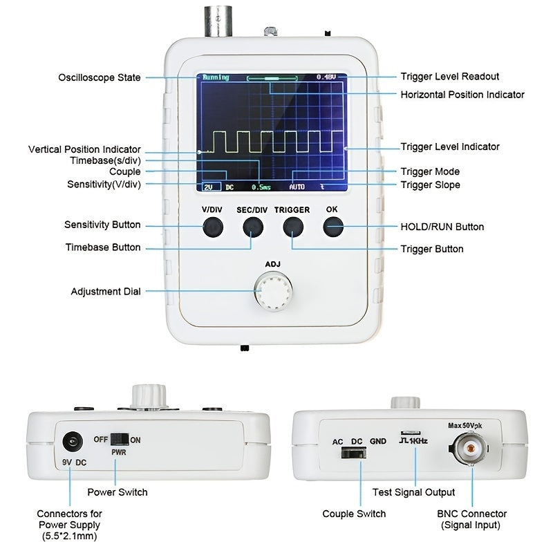 DSO Shell Oscilloscope with BNC-Clip Cable Probe and 2.4-inch Color TFT Display