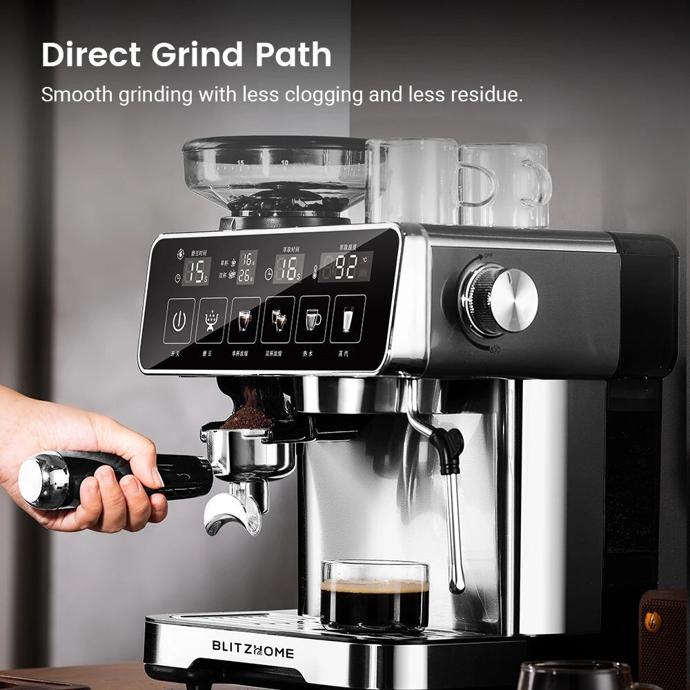 Espresso Coffee Machine 20Bar 1150W with Built-in Conical Burr Grinder PID & NTC 51mm Portafilter Manual Steam Wand