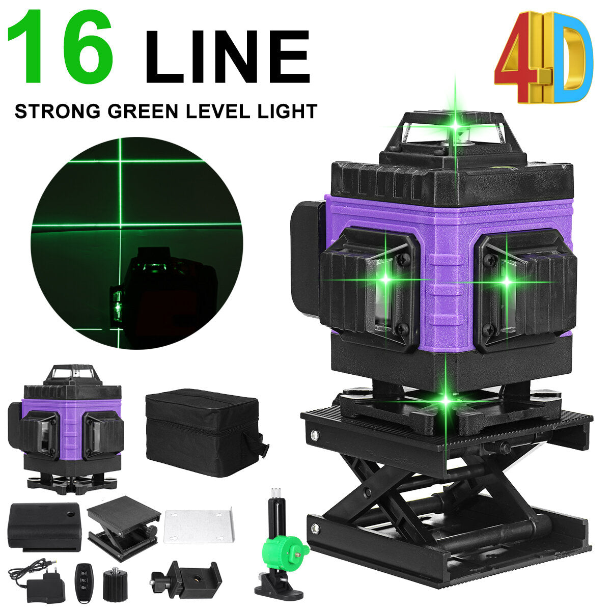 8/12/16 Lines 4D 360 Horizontal Vertical Cross Green Light Laser Level Self-Leveling Measure Super Powerful Laser Beam