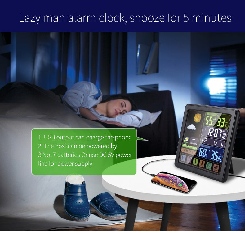 Wireless Touch Screen Weather Station Clock – Indoor/Outdoor Temp/Humidity, Atomic Time, Forecast, USB Charger, Snooze