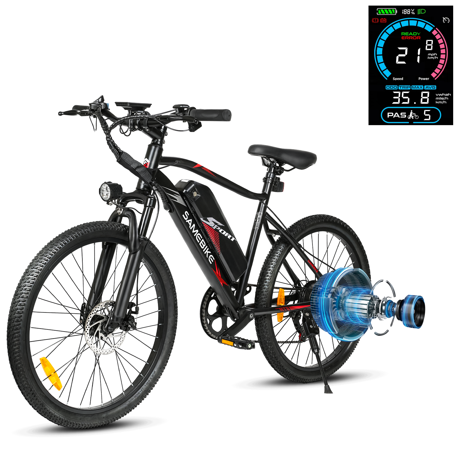 Electric Bicycle 36V 13Ah 350W Motor ecommended Top Speed 25KM/H 24 Inch Tires 90km Max Range 150kg Max Load 7 Speed Shiman0 Gear System