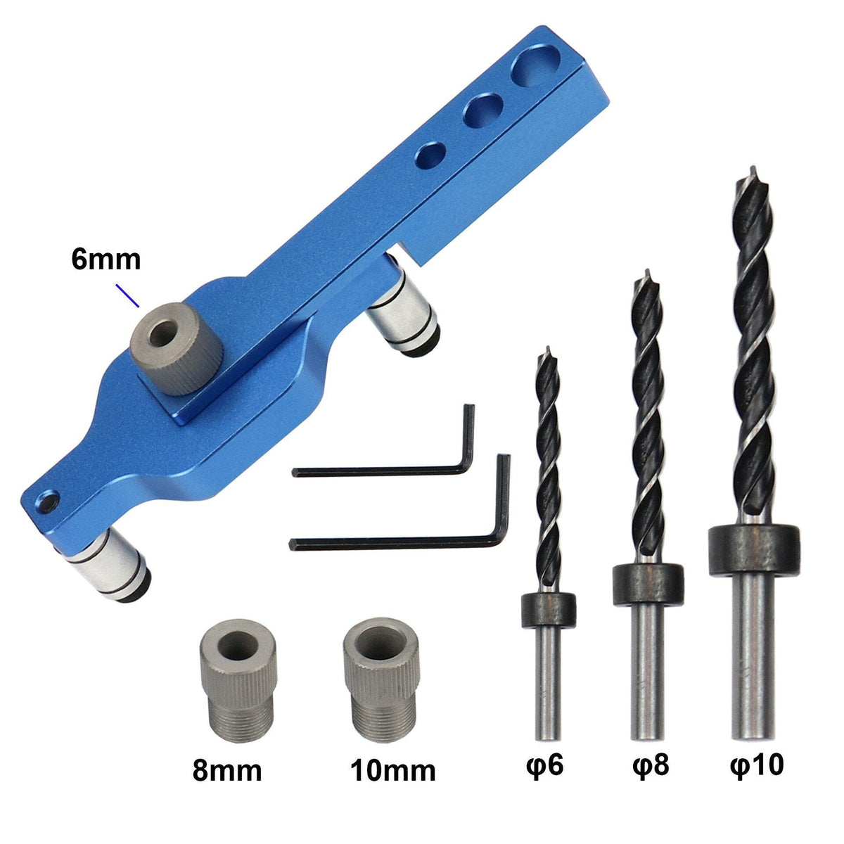 Aluminum Alloy Drill Guide Jig Set for Dowel Drilling with 6mm, 8mm, 10mm Bushings - Corrosion Resistant, Blue