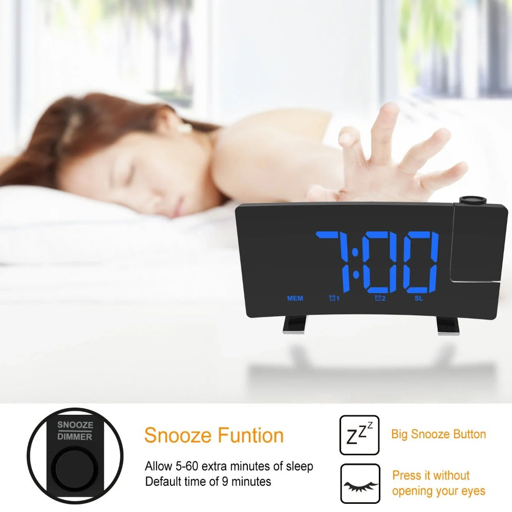 8-Inch Projection Alarm Clock: 180° Projector, FM Radio, Snooze, USB Charger & 3-Level Brightness for Bedroom