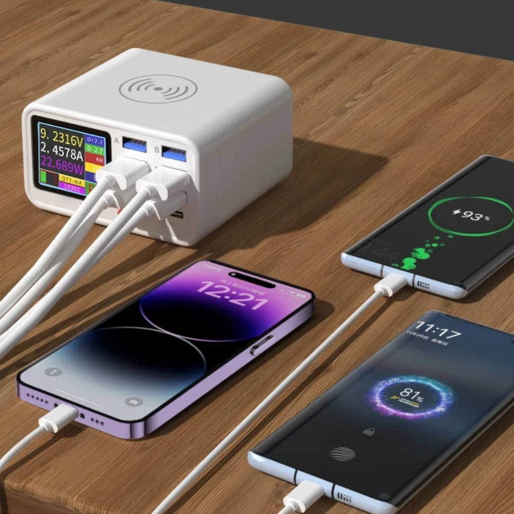 65W Dual C Ports Fast Charger with Wireless Charging, Intelligent Charging, Display Screen & Multiple Ports for Devices