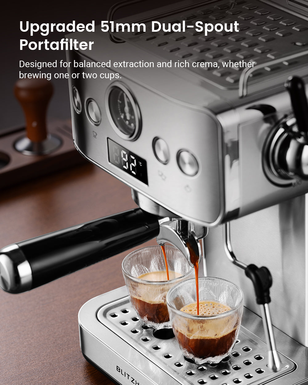 Espresso Coffee Machine H10A 20Bar 1150W with Pressure Gauge PID & NTC 51mm Portafilter Manual Steam Wand