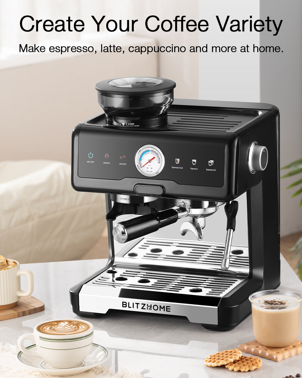 20-Bar 2200W Espresso Machine, Conical Burr Grinder, Dual Boiler & Pump, PID/NTC, Hot & Cold Brew, 58mm Portafilter & Steam Wand