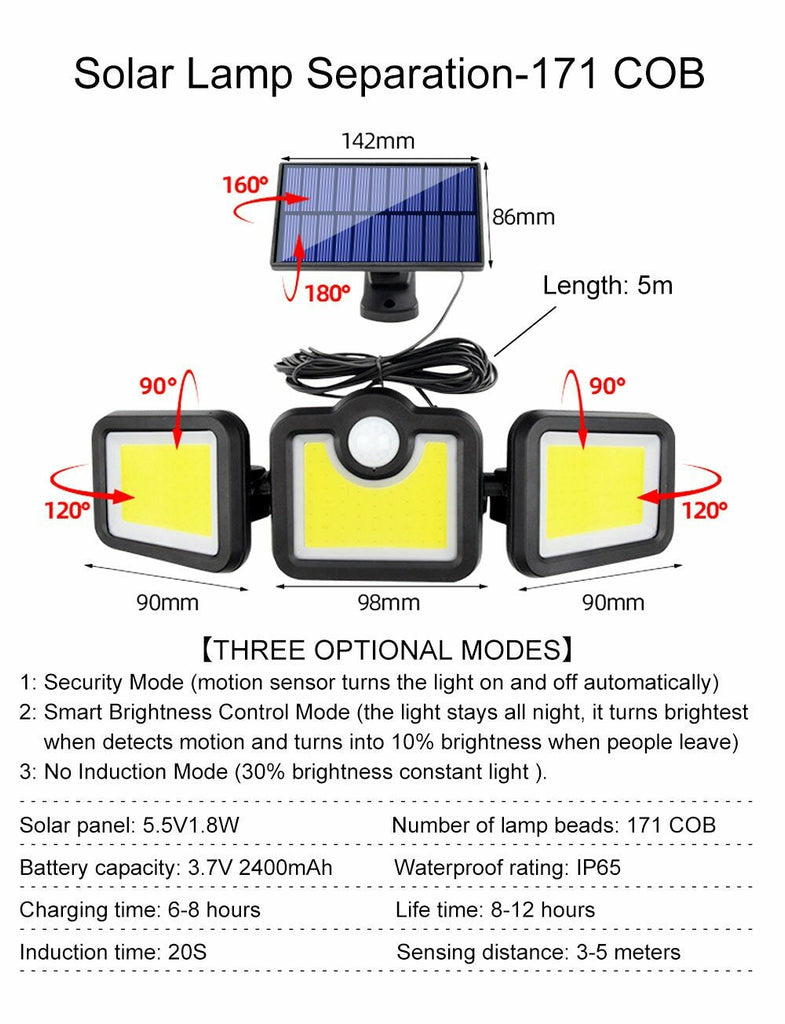 Solar Lights Outdoor 171COB 108/122/138LEDs Motion Sensor Light 3 Head Remote Control Wall Light 270 Wide Angle Flood Light for Garden