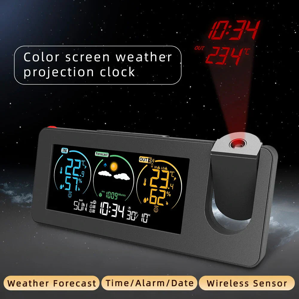 Weather Station Projection Alarm Clock Wireless Indoor Outdoor Thermometer with Atomic Clock and Rotating Projector Forecast Station with Calendar