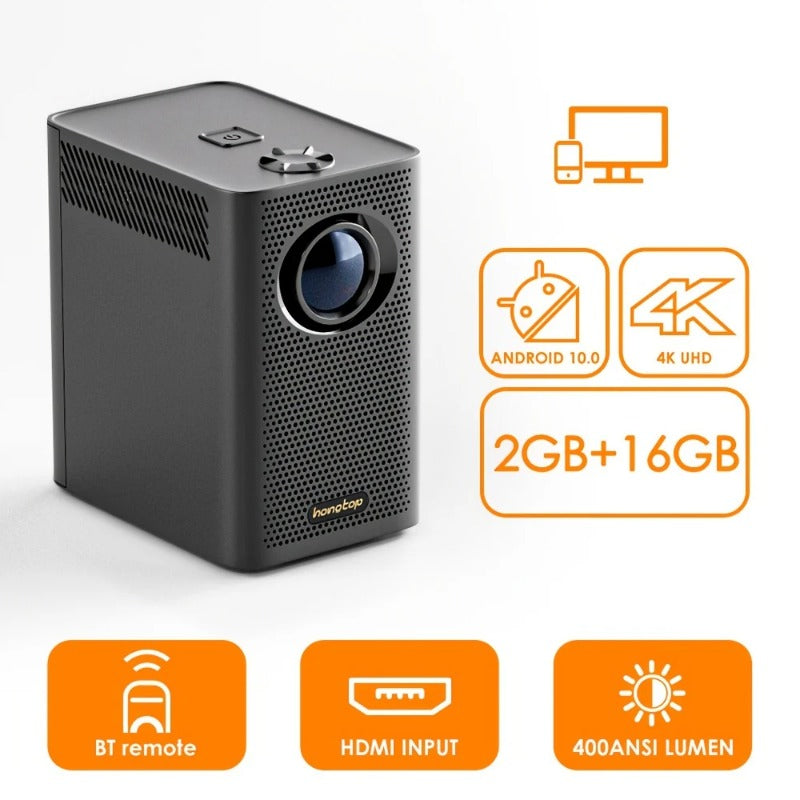Mini Smart Projector Android 10.0, WiFi, 2+16GB, Portable Movie Projector for iOS/Android/HDMI/USB - Ideal for Office, School, Events