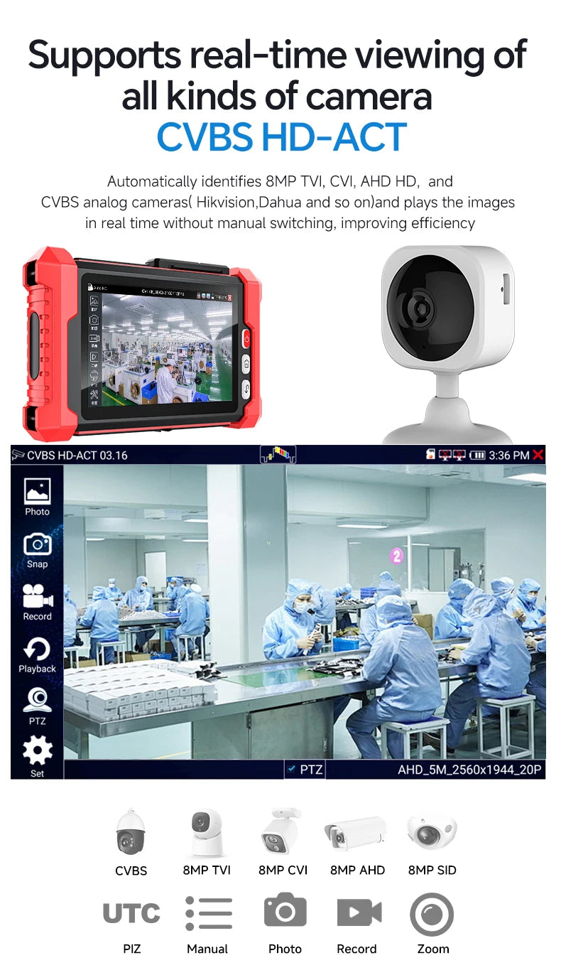 IPC Camera Tester 8 Inch Touch Screen 12V 24V HDMIVGA PoE TDR VFL CVBS AHD TVI CVI IP Camera Tester Optical Power Meter