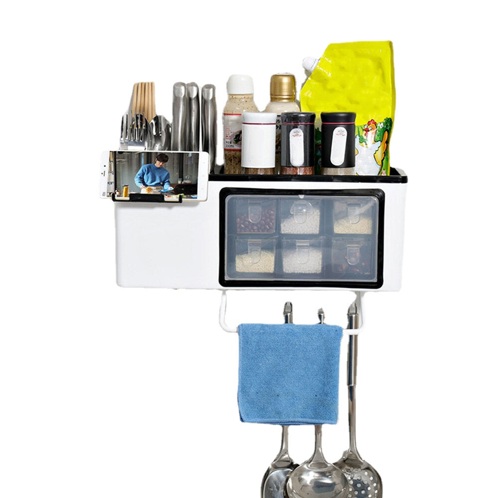 Wall Mounted / Desktop Tabletop Packaging Rack Cutter Holder Hole-free Hanging Box for Kitchen Storage