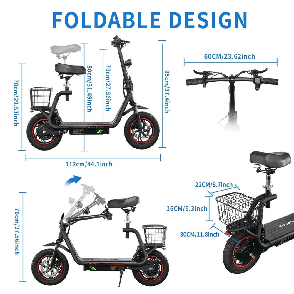 Electric Scooter 48V 13Ah Battery 500W Motor Recommended Top Speed 25KM/H 12inch Pneumatic Tires 30KM Max Mileage 120KG Max Load Folding E-Scooter