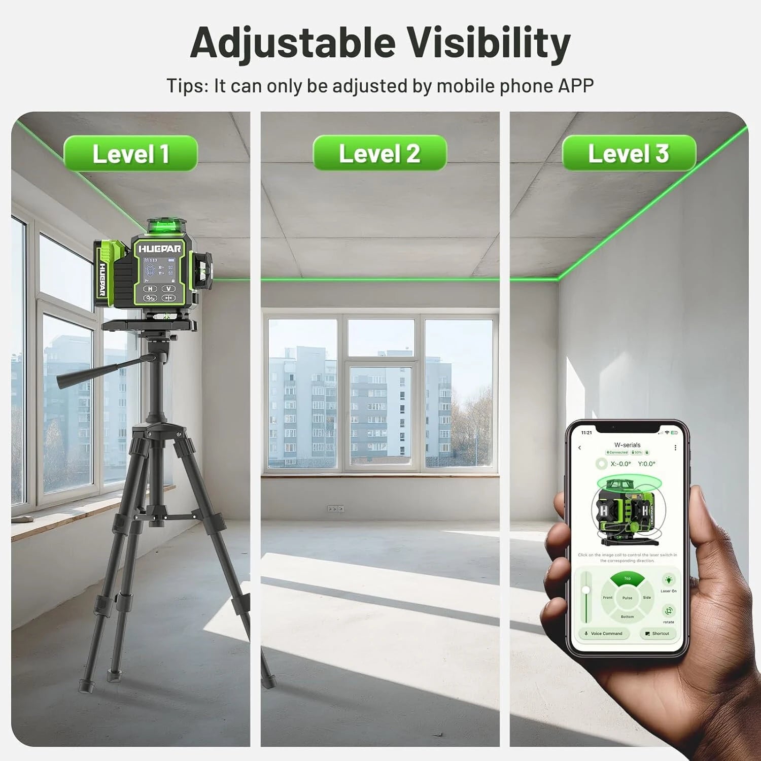 3D 12-Line / 4D 16-Line Green Laser Level, Bluetooth Control, Self-Leveling, LCD, Rechargeable Battery & IP54 Protection
