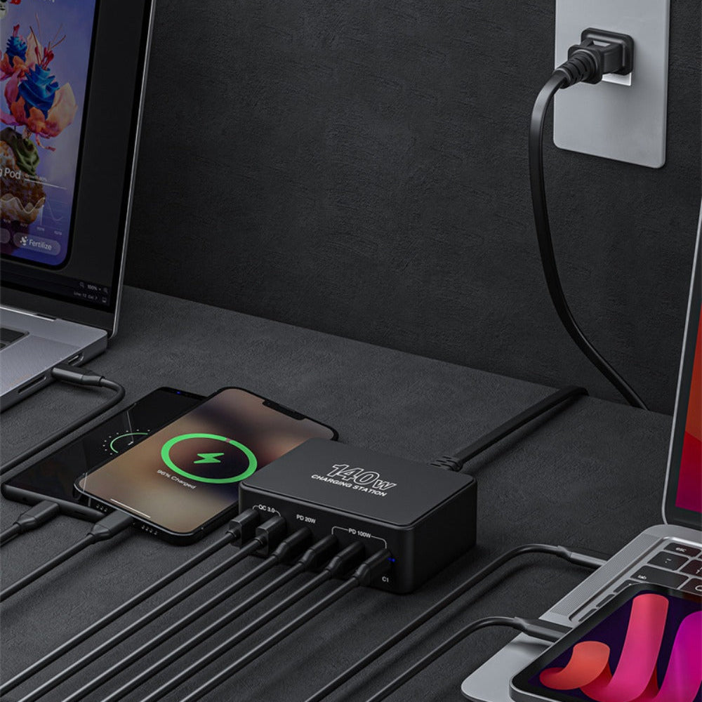 140W Desktop Charging Station - 2 USB-A & 4 USB-C Ports, EU Plug, Fast Charging, Compact Design, Black