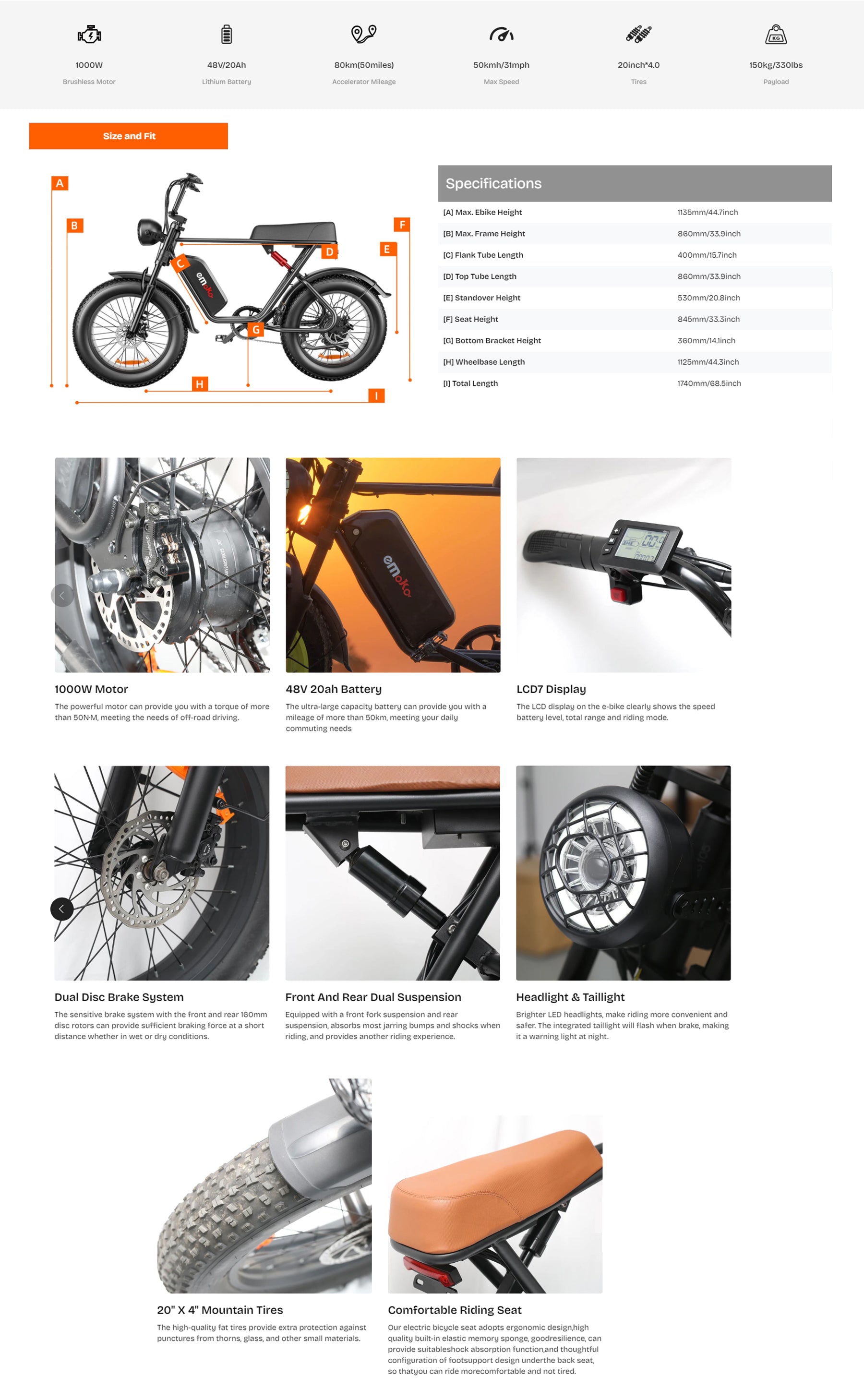 Electric Bike 48V 20AH Battery 1000W Motor Recommended Top Speed 25KM/H 20*4.0inch Tires 80KM Max Range 150KG Max Load Electric Bicycle