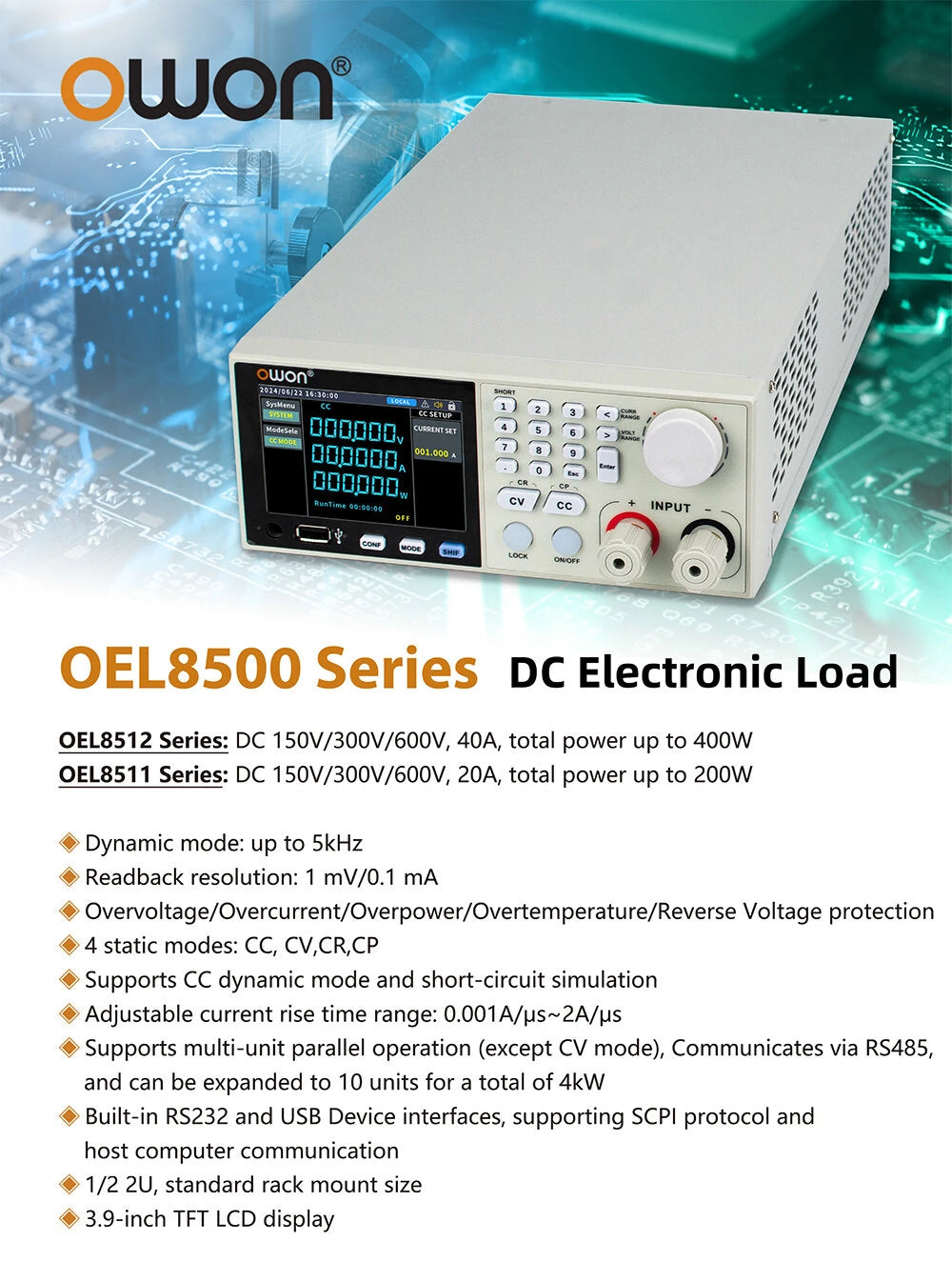 DC Electronic Load High Precision Control 150V/300V/600V 40A 400W LCD Display Protection Modes