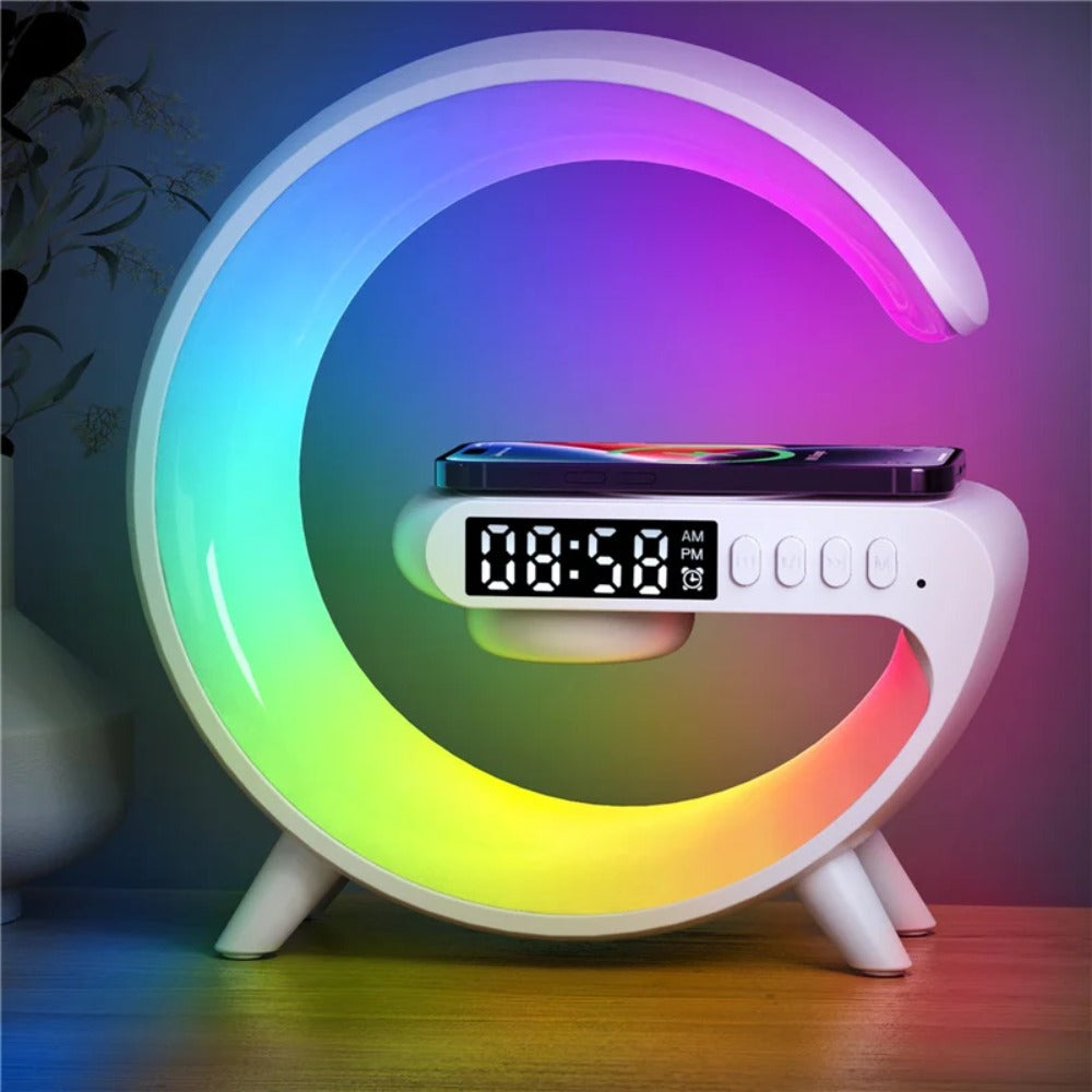 15W Fast Wireless Charging Bedside Lamp with Bluetooth Speaker, 9 Light Modes, AUX & TF Card Support, Mini Size