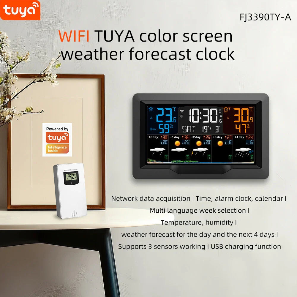 Smart WiFi Weather Clock w/ Tuya – Indoor/Outdoor Temp, Humidity, Alarm, UV Index, RF433 Control